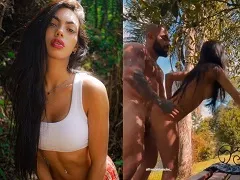 Brunette fucking hot in a public square at 6am