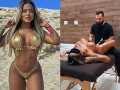 Bitch naked getting a massage and being masturbated by the guy