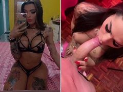 Delicious busty brunette giving a delicious blowjob
