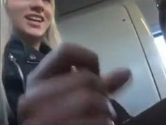 Beautiful blonde Carioca plays a handjob for her boyfriend on the bus to São Paulo until he cums
