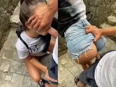 Nymphet in short shorts fucking in the street during the day
