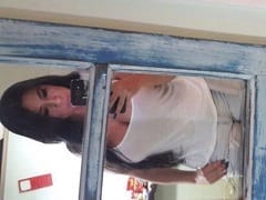 Luxury busty brunette model shows off her lingerie and gets naked touching herself in a home video made for clients