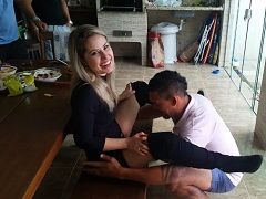 Beautiful blonde married woman being sucked in front of her cuckold