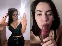 Green-eyed nymphet swallowing cum