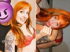 Naughty redhead giving client a delicious blowjob