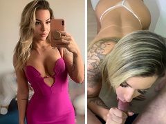 Hot blonde bitch on all fours giving a wet blowjob