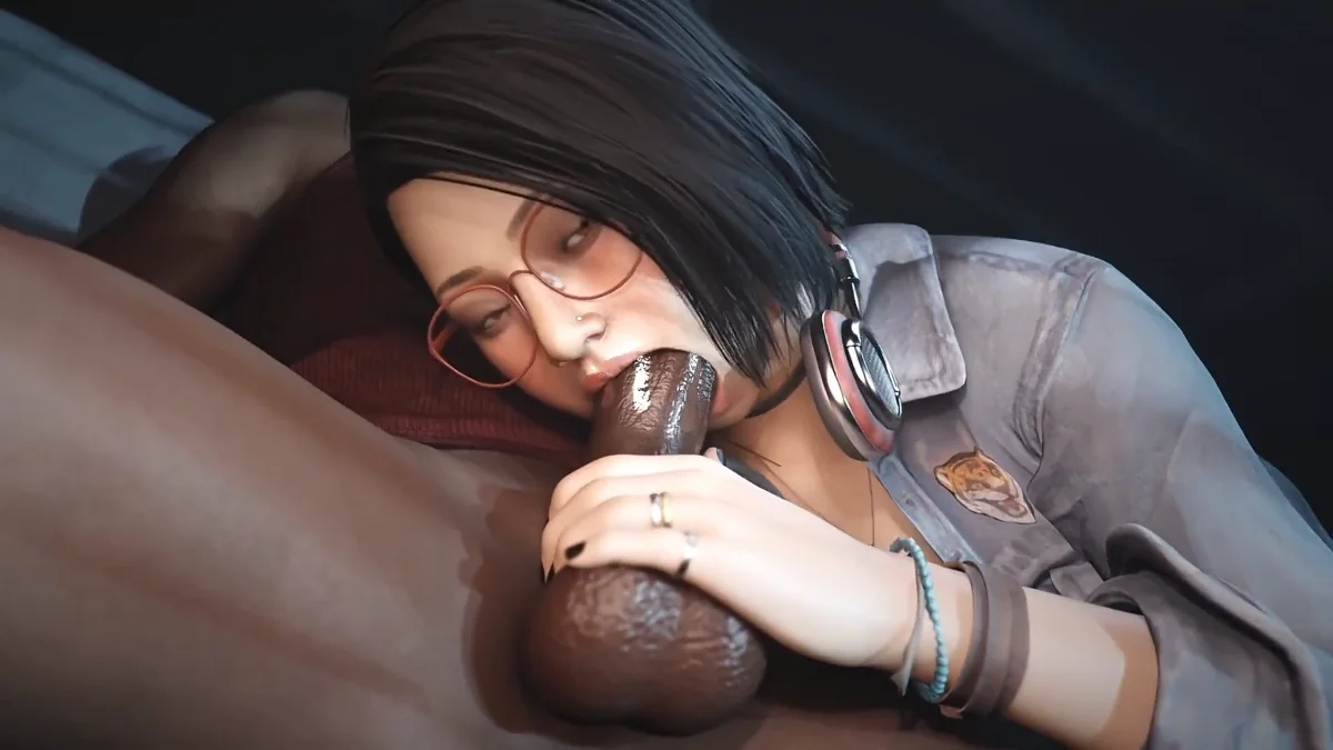 Bespectacled Japanese girl giving a wet blowjob to the big guy