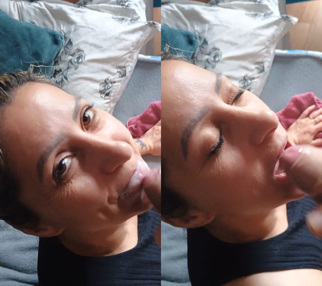 Gaucho blonde getting cum in her mouth and playing with it