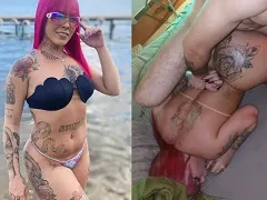 Giving blowjobs and releasing her plump pussy on all fours
