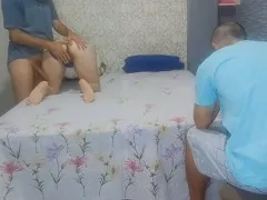Young cuckold watching his girlfriend suck off his friend