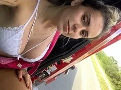Naked blonde truck driver showing off and getting masturbated by her friend