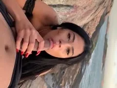 Having sex on an open-air beach after sucking off her friend